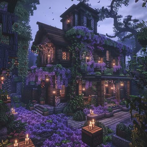 Minecraft Dark Cottage, Minecraft Whimsigoth, Purpled Minecraft, Minecraft Purple House, Purple Minecraft House, Dark Minecraft House, Dark Minecraft Builds, Whimsigoth House, Minecraft Witch House