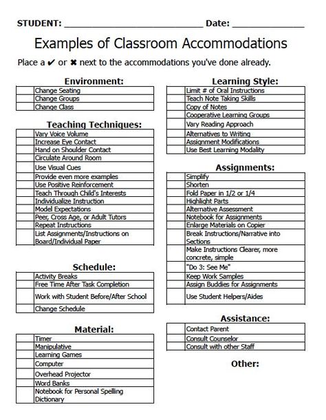 Classroom Accommodations Check List: 504 Accommodations, Classroom Accommodations, 504 Plan, Planning School, Special Education Resources, Differentiated Instruction, Classroom Behavior, School Psychology, Teacher Organization