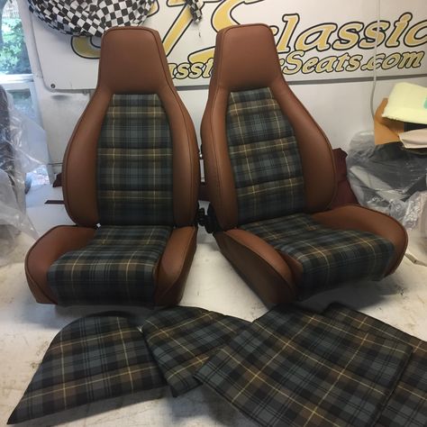 OEM comfort seats converted to sport seats in leather w plaid centers and matching rear seats centers Plaid Car Interior, Combi Vw T2, Vw Caddy Mk1, Vw T3 Camper, Car Accessories For Men, Car Seat Upholstery, Kombi Clipper, Aesthetic Car Accessories, Car Interior Upholstery