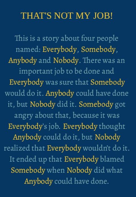 That is not my job. Everybody, somebody, anybody, nobody. It’s Not My Job Quote, Everybody Somebody Nobody Quote, Somebody Nobody Anybody Quote, Somebody Anybody Nobody Everybody Quote, I Like My Job Quotes, That’s Not My Job Quote, Thats Not My Job Quotes, Great Employee Quotes, Motivation For Employees Quotes