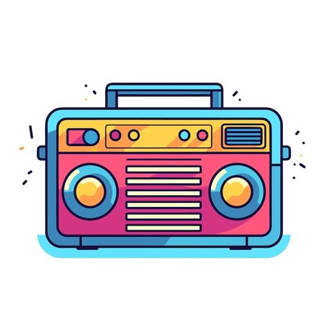 A cartoon of a radio with a colorful bac... | Premium Vector #Freepik #vector #boombox Radio Cartoon, Radio Clipart, Radio Png, Radio Illustration, Radio Drawing, Geometrical Prints, Radio Vintage, Emergency Bag, Flashcards For Kids