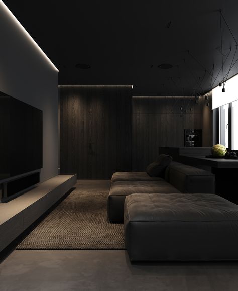 Black Luxury House, Dark Interior Design, Black Bedroom Design, Dark Modern, Black Minimal, Black Interior Design, Doors Interior Modern, Living Room Sofa Design, Apartment Aesthetic