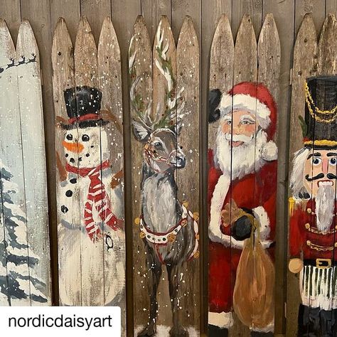 Painting On Barnwood Ideas, Winter Paintings On Wood, Rustic Christmas Painting, Things To Paint On Wood, Christmas Boards Signs, Fence Picket Projects, Wood Christmas Signs, Wooden Snowman Crafts, Painted Sleds