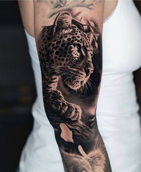 Panther Tattoo Stencil, Cheetah Tattoo, Jungle Tattoo, Jaguar Tattoo, Animal Sleeve Tattoo, Realism Tattoos, Leopard Tattoos, Panther Tattoo, Awesome Tattoo