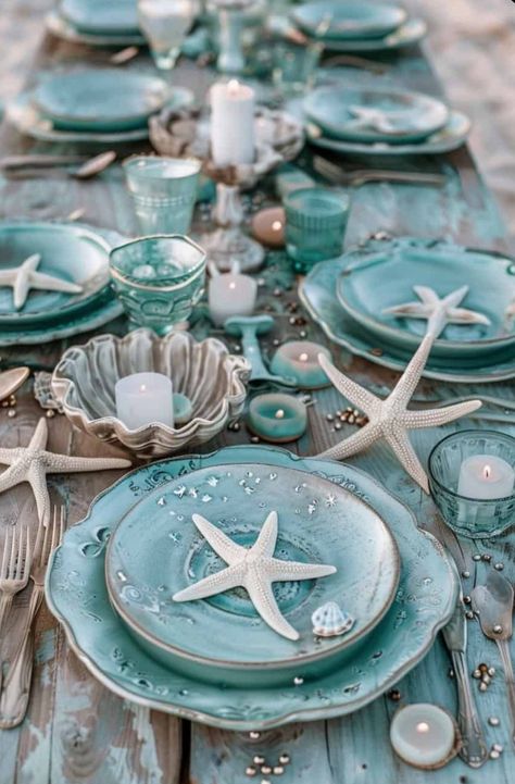 Coastal Christmas Tablescapes, Beach Table Centerpieces, Coastal Tablescapes, Beach Tablescape, Beach Table Settings, Coastal Centerpiece, Tea Party Tablescape, Coastal Table Decor, Beach Table Decorations