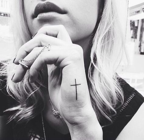 Cross tattoo Cross On Pinky Tattoo, Cross On Thumb Tattoo, Cross Thumb Tattoo, Side Pinky Tattoo, Hand Cross Tattoos For Women, Cross Tattoos For Women On Hand, Cross Tattoos On Hand, Cross Hand Tattoos For Women, Minimal Cross Tattoo