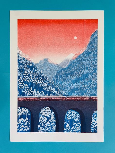 Mountain Bridge, Screen Printing Art, Snowy Mountain, Riso Print, Risograph Print, Snowy Mountains, Colorful Landscape, Illustration Inspiration, Original Illustration