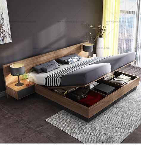 Rustic Bedframe, Wooden Bed With Storage, Modern Bedroom Furniture Sets, Loft Style Homes, Bed Designs With Storage, Tatami Bed, Double Bedding Sets, Minimalist Bed, Bed Design Modern