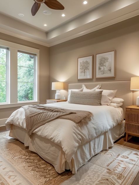 Beige Bedroom Aesthetics, Beige Linen Bedroom, Cream Bed Bedroom Ideas, Bedroom With Beige Walls, Beige Rooms, Cozy Bedroom Paint Colors, Warm Beige Bedroom, Warm Beige Paint Colors, Beige Carpet Bedroom