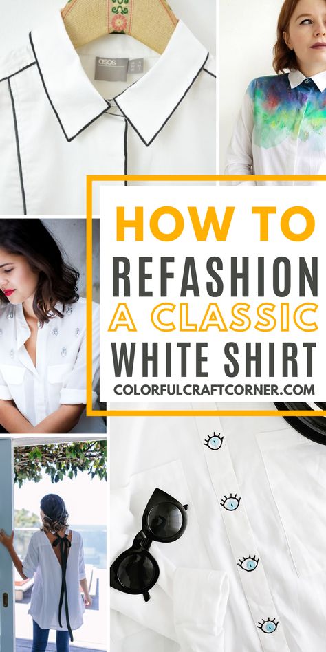 20 borderline genius ideas to revamp a white button-up shirt. Check out these easy and fun ways to restyle one of your white blouses. #shirtrefashion #buttonupupcycle #clothesrefashion White Shirt Diy Ideas, Diy Button Down Shirt Ideas, Upcycle Button Down Shirt Diy, White Shirt Upcycle Ideas, Upcycle Button Up Shirt, Change Buttons On Shirt, Button Up Shirt Transformation, Old Button Up Shirt Diy Upcycle, Upcycled White Shirt