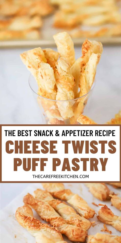 These Cheese Twists with Puff Pastry make the perfect appetizer or snack for any occasion because they couldn’t be easier and everyone loves them. Each crispy straw is topped with cheddar, Parmesan and a touch of garlic salt, and are absolutely guaranteed to disappear as soon as you put them onto the table. #thecarefreekitchen #puffpastry #cheesestraws #cheesetwists #appetizers #snacks #gameday #partyfood #easy #cheese Cheese Straws Puff Pastry, Cheese Twists Recipe, Cheese Twists Puff Pastry, Puff Pastry Cheese, Cheese Straws Recipe, Cheese Twists, Cheese Puff Pastry, Make Ahead Appetizers, Cheese Pastry