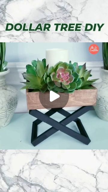 Crafts From Dollar Tree Diy Projects, Diy Small Table Ideas, Dollar Tree Planters Diy, Dollar Tree Tray Ideas, Dollar Tree Wood Crafts Diy, Diy Wood Tray, Diy Yarn Decor, Wood Blocks Diy, Dollar Tree Candle Holders