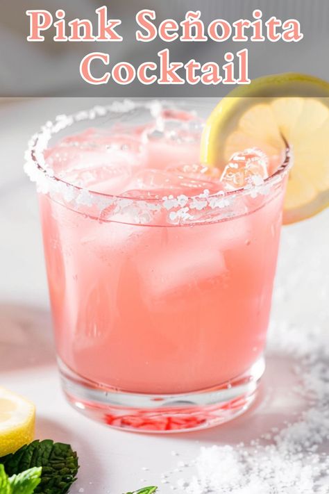 Pink Señorita Cocktail, Pink Senorita Drink, Pink Tequila Cocktail, Pink Tequila Drinks, Pink Margarita Recipe, Pink Senorita, Tequila Lemonade, Pink Alcoholic Drinks, Tequila And Lemonade