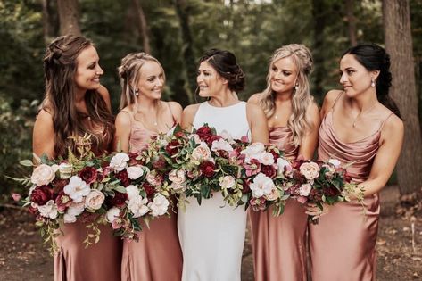 Desert Rose Bridesmaid Dresses Revelry, Champagne Bridesmaid Dresses With Maroon Flowers, Wine And Blush Bridesmaid Dresses, February Wedding Colors 2024, February Wedding Dress, Rosewood Wedding Color, Desert Rose Wedding Colors, Dusty Rose Fall Wedding, February Wedding Flowers