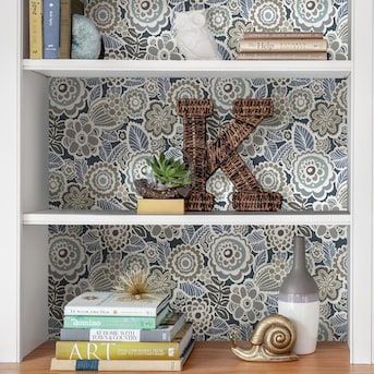 Pantry Wallpaper, Small Laundry Room Makeover, Shelf Decor Living Room, House Products, Wallpaper Shelves, Inside Cabinets, Wall Niche, Botanical Wallpaper, Blue Vinyl