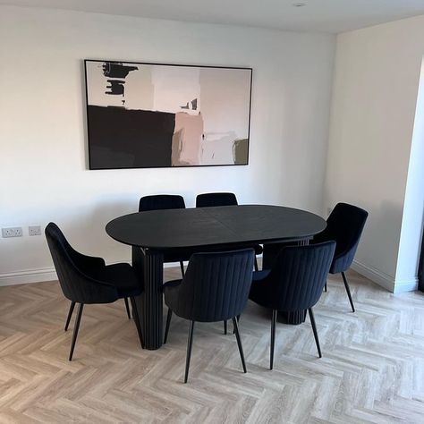 How striking is this dining room, featuring our “Abstract Beige Framed Canvas” ✨ The black velvet chairs contrast with the beautiful herringbone flooring. The neutral and blush tones in our artwork brings the space together. 📸 @rosieibbotson #abstractart #diningroom #modernhome #herringbone [Photo Description: Client’s newly renovated dining room with black velvet dining chairs and black dining table. Featuring natural herringbone flooring with a modern large abstract artwork on canvas by... Black Velvet Dining Chairs, Beige Dining Room, Black Velvet Chair, Abstract House, Herringbone Flooring, Black Dining Table, Velvet Chairs, Artwork On Canvas, Black Dining