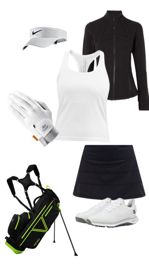 Tee off in style with this chic golf outfit! A sleek black sport skirt pairs perfectly with a classic white tank for a fresh, athletic look. Complete the ensemble with comfortable white golf shoes that keep you moving with ease. Top it off with a Nike visor to shield your eyes from the sun and a stylish white Vice golf glove for a polished touch. Don’t forget your Vice golf bag and a Lululemon Align jacket for those cooler days on the course. 🏌️‍♀️✨ #GolfStyle #AthleticChic #OOTD Lululemon Align Jacket, Align Jacket, Nike Visor, Athletic Chic, Sport Skirt, Athletic Looks, Lululemon Jacket, Golf Gloves, Sports Skirts