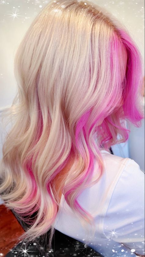 Dyed Hair For Blondes Colour, Platinum Blonde Hair With Pink Peekaboo, Platinum Blonde Hair With Color Pop, Blonde Hair With Vivid Colors, Pink Hair And Blonde, Blonde With Pink Money Piece, Blonde Hair With Colored Highlights, Blonde Hair With Pink Underneath, Pink Money Piece Hair