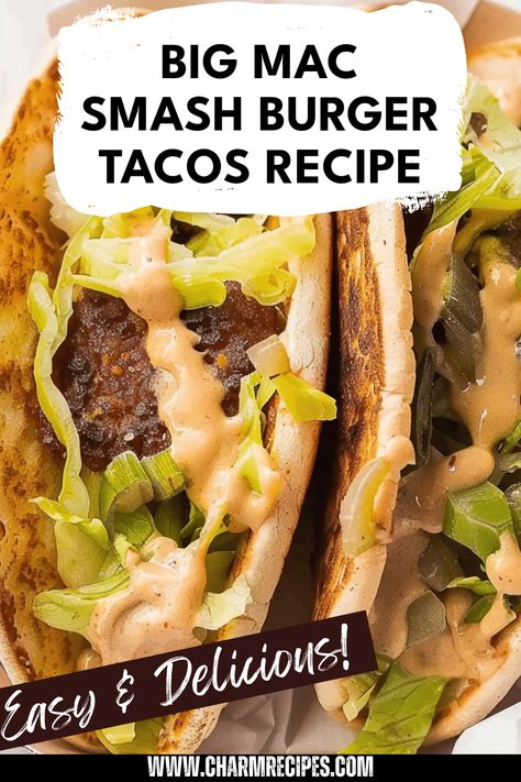 Try these massive Big Mac Smash Burger Tacos for a fantastic twist on your favorite fast food! This fusion recipe combines all the delicious elements of a classic Big Mac with the satisfying crunch of taco shells. Discover how easy it is to create these mouth-watering tacos packed with ground beef, tangy pickles, lettuce, and special sauce. Whether you're hosting a party or just craving a scrumptious meal, these tacos offer a fun, comforting dining experience that's sure to please everyone. Get your ingredients ready and enjoy! Smash Burger Tacos Big Mac, Big Mac Taco Recipe, Smash Burger Taco Sauce, Ground Beef Smash Tacos, Big Mac Burger Tacos, Smash Taco Burger Recipe, Big Mac Smash Burgers, Big Mac Smashed Tacos, Big Mac Tacos Recipe