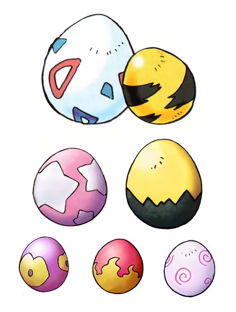 Pokemon eggs by Ken Sugimori, in order Togepi, Elekid (official Pokémon Gold and silver art, circa 1998?), Cleffa, Pichu, Smoochum, Magby, Igglybuff (official Pokémon Crystal art, circa 1999?). Scanned and enhanced. Smoochum Pokemon, Pokémon Egg, Mewtwo Evolution, Pokemon Items, Pokémon Gold, Digimon Cosplay, Pokemon Eggs, Egg Hatching, Pokemon Dolls