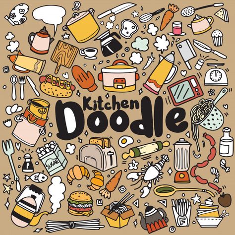 House Doodle Art, Kitchen Doodles, Culinary Studio, Kawaii Monster, Doodle Cute, Hand Drawn Doodles, Coffee Doodle, Restaurant Art, Painting Food