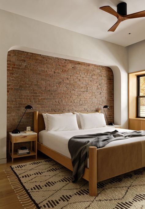 An Artful, Spacious Greenwich Village Co-Op from Float Studio | Rue Bricks Bedroom, Spacious Bedroom Ideas, Brick Wall Interior Bedroom, Village Bedroom, Lavish Bedroom, Brick Bedroom, Greenwich Village Apartment, Bold Bedroom, New York Loft