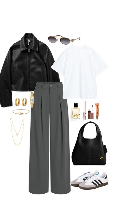 Casual outfit idea, spring outfit, fall outfit, adidas samba, grey wide leg pants, leather jacket, coach handbag, golden jewells, YSL, charlotte tillbury, fashion inspiration
#ad #sponsored #affiliate 
Jacket - https://amzn.to/49PfHB4
Pants - https://amzn.to/3Uz3AUw
T-shirt - https://amzn.to/4aTQRBy
Shoes - https://amzn.to/3W8iylv
Sunglasses - https://amzn.to/44fmQJH
Bag - 
Accessories - Leather Moto Jacket Outfit, Leather Pants Outfit Casual, Grey Wide Leg Pants, Jacket Coach, Charlotte Tillbury, Moto Jacket Outfit, Coach Outfits, Casual Outfit Idea, Outfit Adidas