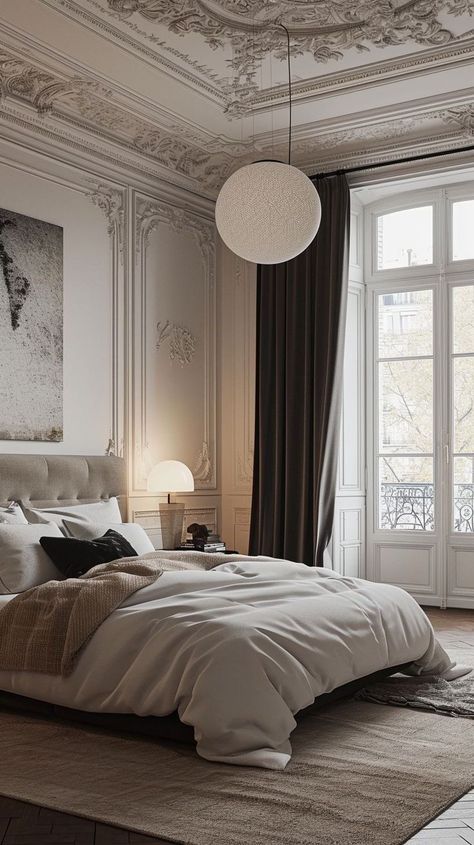 Bedroom Pinboard, Parisian Interior Bedroom, Paris Bedroom Aesthetic, White Classic Bedroom, Modern Parisian Bedroom, French Contemporary Bedroom, Parisian Interior Style, Budapest Apartment, Parisian Style Bedroom