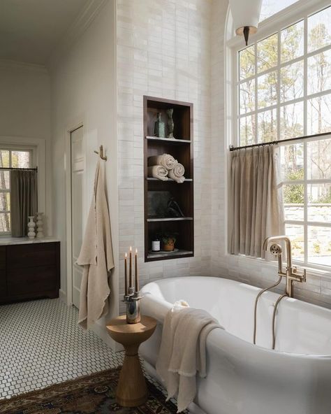 Instagram Tub With Shelves At End, Freestanding Tub Alcove, Freestanding Bathtub Accent Wall, Freestanding Tub In Front Of Shower Wall, Garden Tub Master Bath, Bathroom With Standing Tub, Master Bath Clawfoot Tub, Bathroom With Freestanding Bathtub, Free Standing Tub Ideas