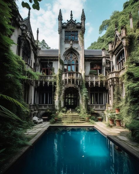 Houses That Look Like Castles, Gothic Mansion Exterior, Victorian Pool, Vampire House, Victorian Castle, Goth Houses, Castle House Design, Old Manor, Luxury Living Room Design