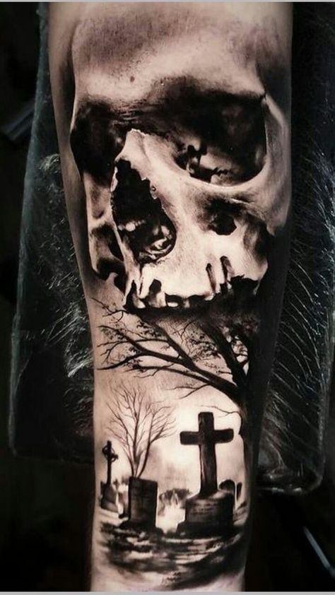 Skull And Graveyard Tattoo, Skull Graveyard Tattoo Design, Skull Tattoo Realistic, Cemetery Tattoo Design, Graveyard Tattoo Design, Cemetary Tattoo, Graveyard Tattoos, Three Kings Tattoo, Graveyard Tattoo