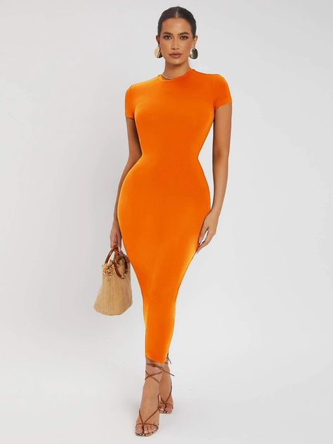 SHEIN SXY Solid Round Neck Bodycon Dress | SHEIN USA Orange Bodycon Dress, Elegant White Dress, Split Hem Dress, Mesh Bodycon Dress, Black And White Baby, Black Hot Pink, Neck Bodycon Dress, Platform Heels Chunky, Orange Fashion