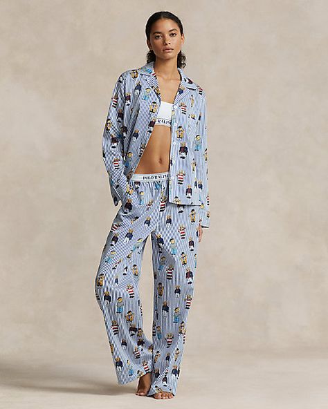 Polo Bear Long-Sleeve Pajama Set Polo Ralph Lauren Christmas Pajamas, Roller Rabbit Pajamas Long Sleeve, Long Sleeve Pajama Set With Buttons, Ralph Lauren Fleece Pink Set, Blue Graphic Print Long Sleeve Sleepwear, Sweatpants And Sweater, Polo Bear, Chino Jeans, Rugby Shirt