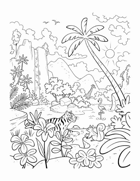 rainforest coloring pages to print, this image pinned from Plants Coloring Pages articles #coloring #coloringpages #printable Jungle Coloring Pages, Jungle Drawing, Forest Coloring Pages, Coloring Painting, Farm Animal Coloring Pages, Rainforest Animals, Tree Coloring Page, Summer Coloring Pages, Forest Color