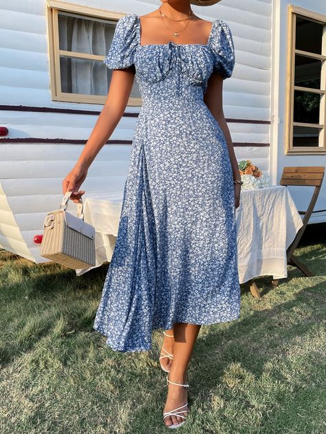 Blue Ditsy Floral Dress, Floral Picnic Dress, Spring Dress With Sleeves, Blue Midi Summer Dress, Shein Summer Dress, Cute Floral Dresses Summer, Long Floral Dress Outfit, Blue Western Dress, Blue Picnic Dress