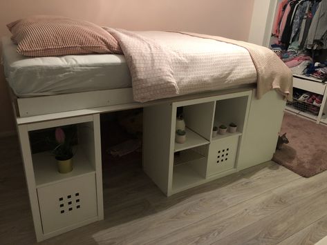 Chill space under bedIkea bedhack diy Ikea Loft Beds For Teens, Loft Beds For Small Rooms Low, Ikea Kallax Bed Hack, Ikea Shelf Bed, Kallax Bed Hack, Shelves Under Bed, Cubicle Bed, Ikea Kallax Bed, Shelf Under Bed