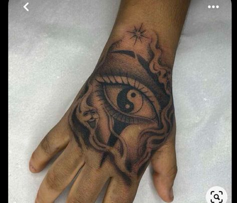 Eye Or Horus Tattoo, Man Hand Tattoo Ideas, Eye For An Eye Tattoo, One Eye Tattoo, Eye Hand Tattoo, Mens Face Tattoos, Hand Tattoo Cover Up, Back Of Hand Tattoos, Inside Of Arm Tattoo