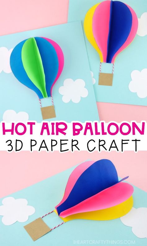 Paper Hot Air Balloon -Easy, colorful summer kids craft! Paper Hot Air Balloon, Air Balloon Craft, Balloon Craft, Summer Preschool Crafts, Hot Air Balloon Craft, Balloon Template, Paper Balloon, Balloon Crafts, Valentine's Day Crafts For Kids