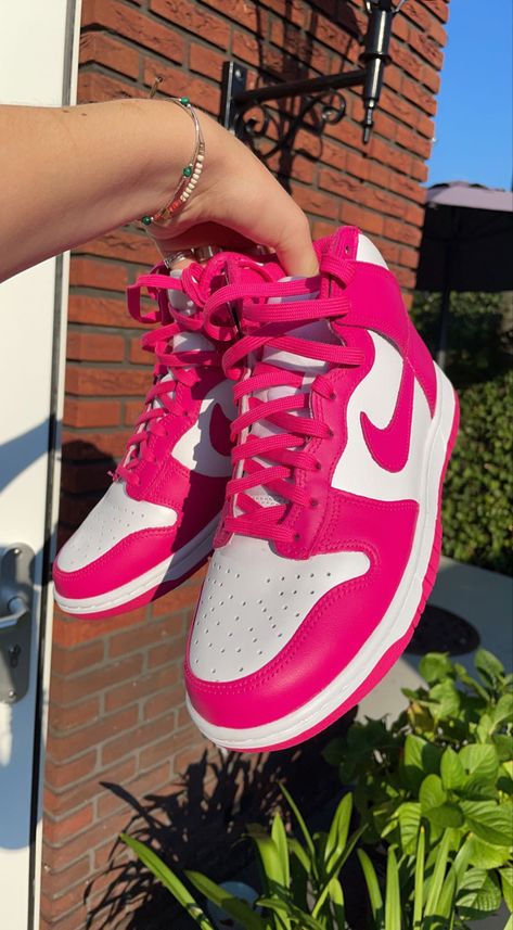 Hot Pink Nike Jordans, Nike Air Jordans Hot Pink, Hot Pink Jordan 1 Outfit Women, Bright Pink Jordans, Nike Hot Pink Shoes, Hot Pink Jordan 1, Dunks Hot Pink, Jordans For Women Pink, Prime Pink Dunks Outfit