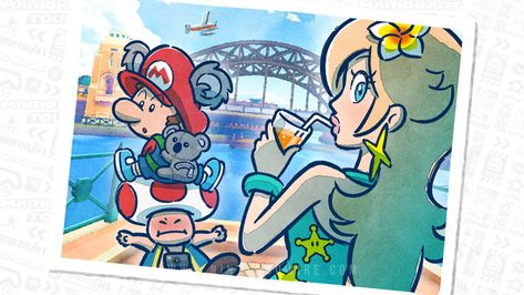 The next #MarioKartTour event is taking place in Sydney, Australia! Rosalina, Toad, and Baby Mario (decked out in koala ears and backpack) are all ready to start this new 2-week competition. #MarioKartTour Mario Official Art, Luigi Art, Mario Funny, Nintendo Mario Bros, Super Mario Princess, Super Mario Nintendo, Mario Fan Art, Mario Stuff, Princesa Peach