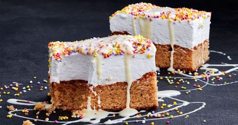 With a crunchy biscuit base, fluffy marshmallow layer and colourful sprinkles on top, this sweet slice is all types of fun! Crinkle Cut Marshmallow Squares, Coloured Marshmallow Recipes, Caramel Marshmallow Slice, Rice Bubble Slice Marshmallows, Weetbix Marshmallow Slice, Marshmallow Slice, Marshmallow Desserts, Slice Recipes, No Bake Slices