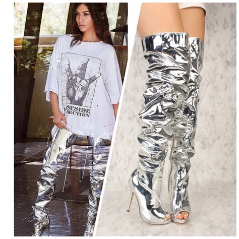 Liliana Slouchy Metallic Patent Peep Toe Thigh High Boots