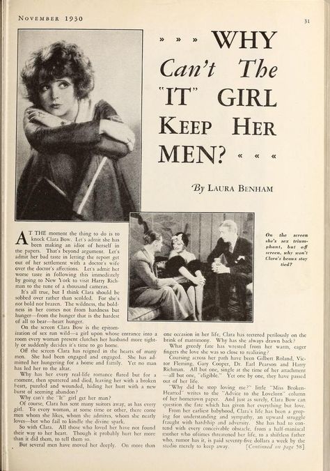 Silver Screen (Nov 1930-Oct 1931) 20s Aesthetic, 1920s Aesthetic, Vintage Editorials, The It Girl, Clara Bow, Movie Magazine, Old Magazines, Season Of The Witch, Magazine Articles