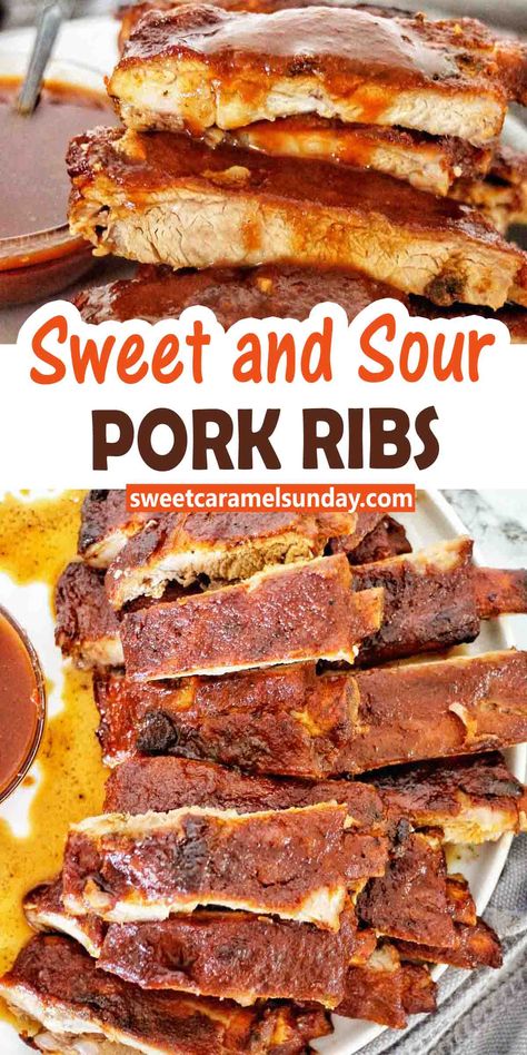 Sweet and Sour Pork Ribs are sweet, juicy with fall off the bone saucy meat. Massaged in a dry rub before being oven baked then smothered in sauce and grilled these pork ribs are a delicious and indulgent dish. #easyrecipe @sweetcaramelsunday Sweet And Sour Ribs In Oven, Sweet Ribs Recipe, Garlic Pork Roast, Easy Pulled Pork Sandwiches, Sweet And Sour Pork Ribs, Bacon Pork Chops, Mexican Pork Carnitas, Sweet And Sour Ribs, Pork Roast Crock Pot