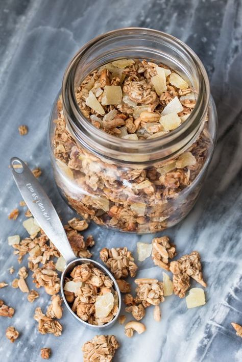 This deeply toasted Cashew, Almond and Ginger Granola delivers serious flavor and texture in every single bite. #granola #breakfast #brunch #gingergranola #cashews #almonds #holidaygifts Ginger Granola, Cashew Granola, How To Make Granola, Crystallized Ginger, Granola Recipe Homemade, Lemon Scones, Baked Granola, Candied Almonds, Breakfast Ingredients