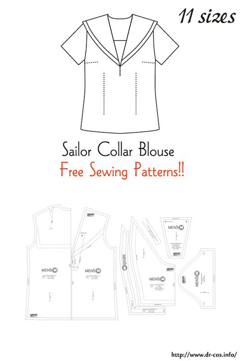 This is the pattern of a Sailor Collar Blouse.   inch size(letter size) Children's-4,8,10/Ladies'-S,M,L,LL/Men's-S,M,L,LL   cm size(A4 size) Children's-100,120,140/Ladies'-S,M,L,LL/Men's-S,M,L,LL Sailor Uniform Pattern, Sailor Collar Pattern, Collars Pattern, Collar Blouse Pattern, Sailor Collar Blouse, Hat Sewing Pattern, Shirt Collar Pattern, Japanese Sewing Patterns, Sewing Collars