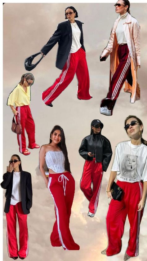 Red Adidas Pants Outfit, Red Adidas Pants, Dunks Outfit Woman, Looks Adidas, Track Pants Outfit, Dunks Outfit, Adidas Hose, Sportswear Outfits, Creative Fashion Photography