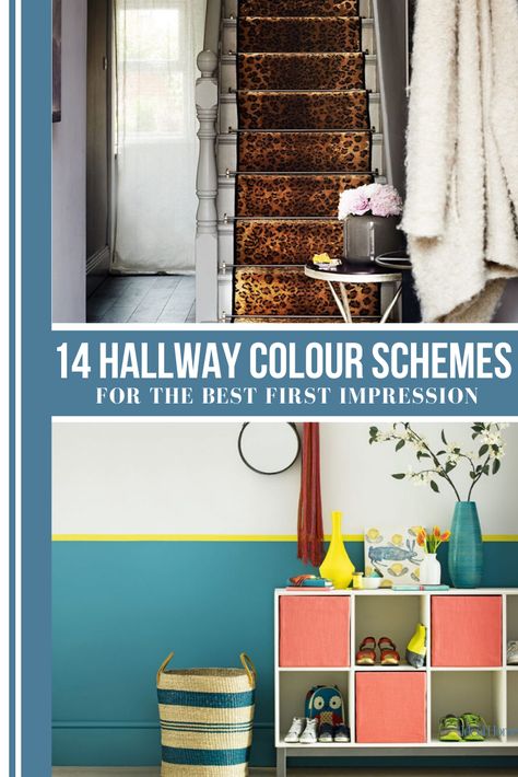 Choosing the right hallway colour scheme is more important than you might think. When it comes to paint colour, you can either go for bold statement hues or choose a welcoming and soothing palette. Neutrals will obviously ensure that your hallway feels light and airy but consider pastel colours for a cheery and uplifting theme. Transform your hallway into a bright space you can be proud of with these clever tips and tricks. #hallwayideas #hallwayinspiration #hallwaydecor #hallwaydecorating Bold Hallway Paint Colors, Bright Hallway Ideas Colour, Two Tone Hallway Color Schemes, Colourful Hallway Ideas, Warm Hallway Colour Schemes, Bright Hallway Ideas, Best Hallway Paint Color, Teal Hallway, Hall Colour Ideas