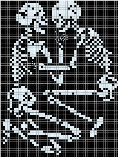 Buzy Bobbins: The Lovers of Valdaro - skeleton cross stitch design Bead Skeleton Pattern, Skeleton Tapestry Crochet, Skeleton Knitting Pattern, Cross Stitch Skeleton, Emo Cross Stitch, Tapestry Skeleton, Cross Stitch Designs Pattern, Skeleton Pixel Art, Cross Stitch Patterns Halloween