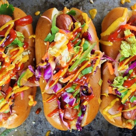 Korean Slaw, Hot Dog Bar Toppings, Tangy Slaw, Slaw Dog, Ground Beef Breakfast, Spicy Kimchi, Vegan Hot Dog, Hot Dogs Recipes, Gourmet Hot Dogs